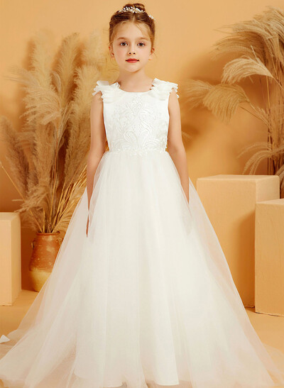 A-Line Scoop Neck Sleeveless Sweep Train Satin/Tulle Flower Girl Dresses With Beading/Appliques Lace