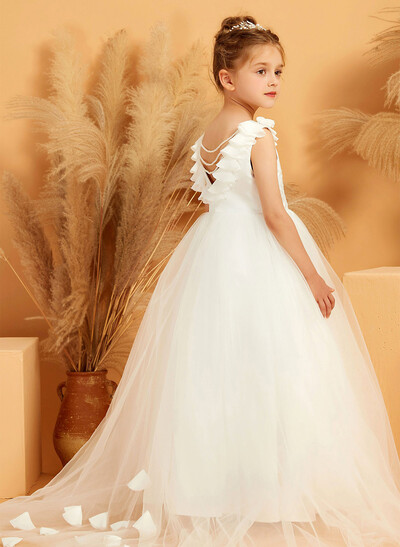 A-Line Scoop Neck Sleeveless Sweep Train Satin/Tulle Flower Girl Dresses With Beading/Appliques Lace