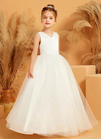 Ball-Gown V-Neck Sleeveless Floor-Length Satin/Tulle Flower Girl Dresses With Bow