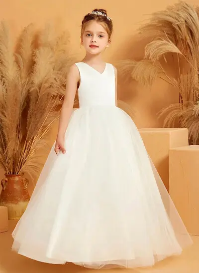 Sleeveless V-Neck Floor-Length Satin and Tulle Ball Gown Flower Girl Dress with Bow