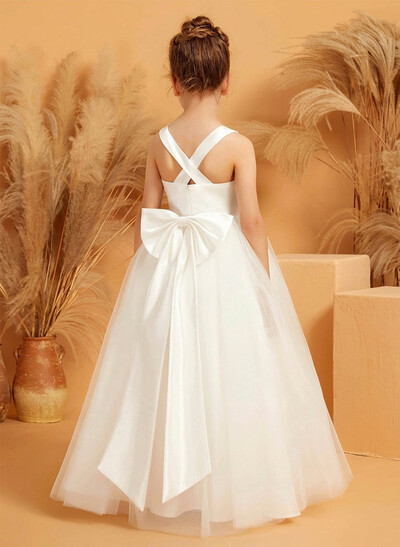 Ball-Gown V-Neck Sleeveless Floor-Length Satin/Tulle Flower Girl Dresses With Bow