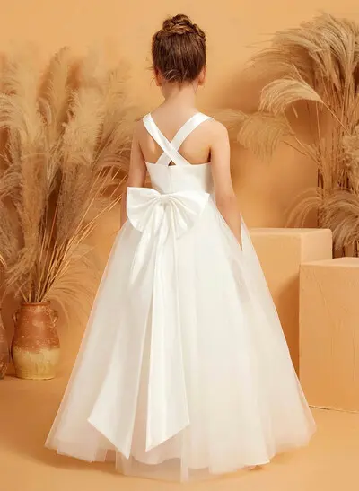 Sleeveless V-Neck Floor-Length Satin and Tulle Ball Gown Flower Girl Dress with Bow
