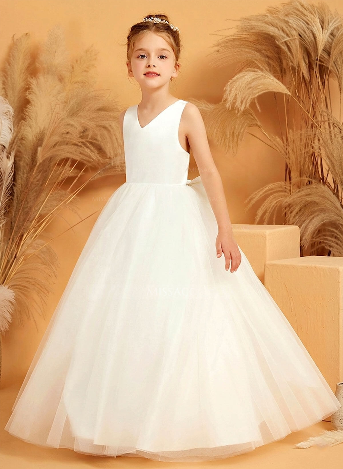 Ball-Gown V-Neck Sleeveless Floor-Length Satin/Tulle Flower Girl Dresses With Bow