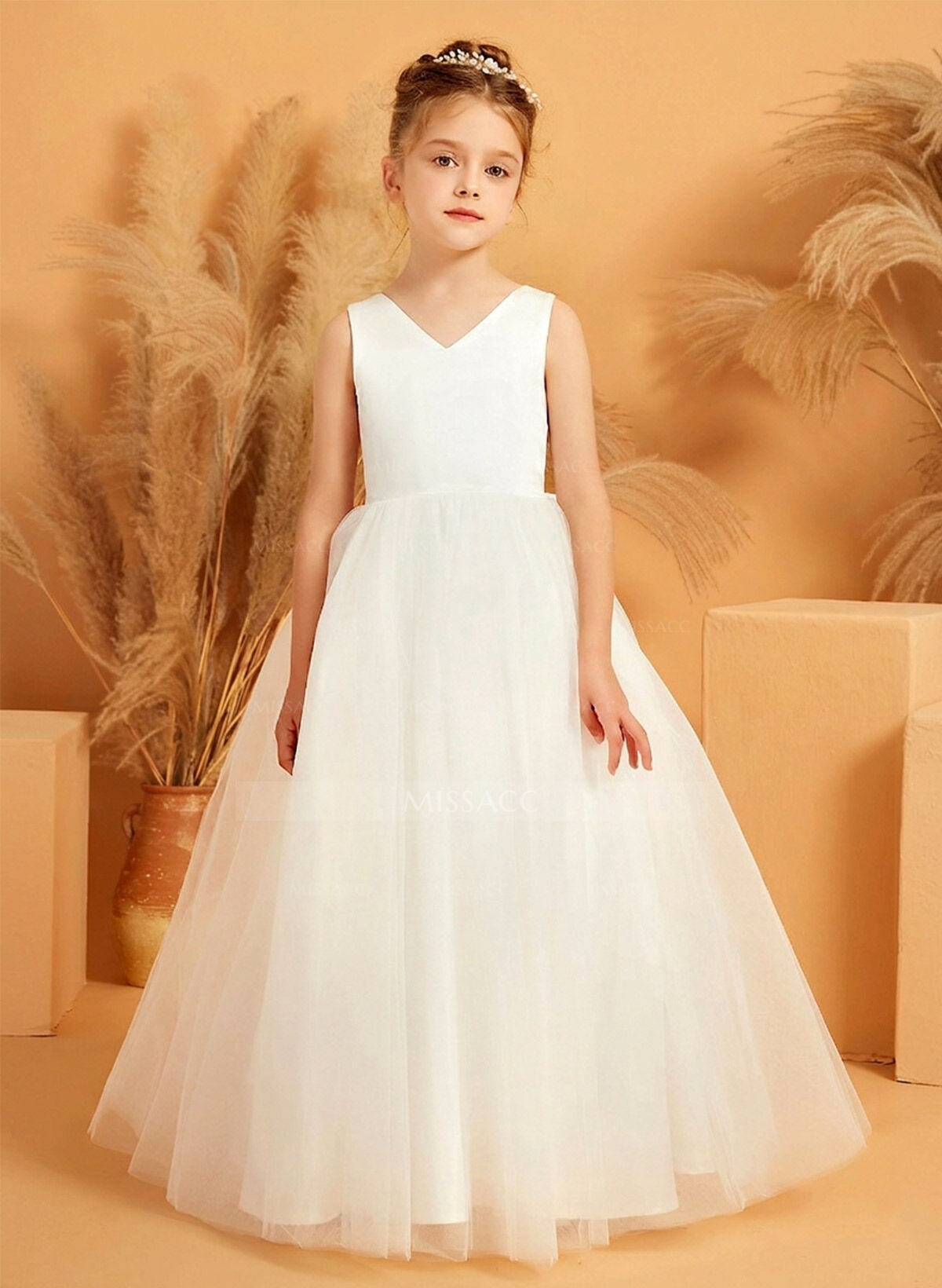Ball-Gown V-Neck Sleeveless Floor-Length Satin/Tulle Flower Girl Dresses With Bow