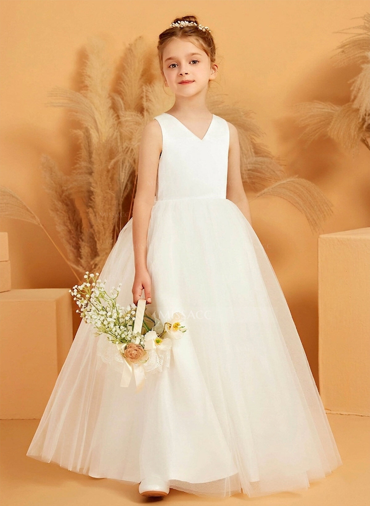 Ball-Gown V-Neck Sleeveless Floor-Length Satin/Tulle Flower Girl Dresses With Bow