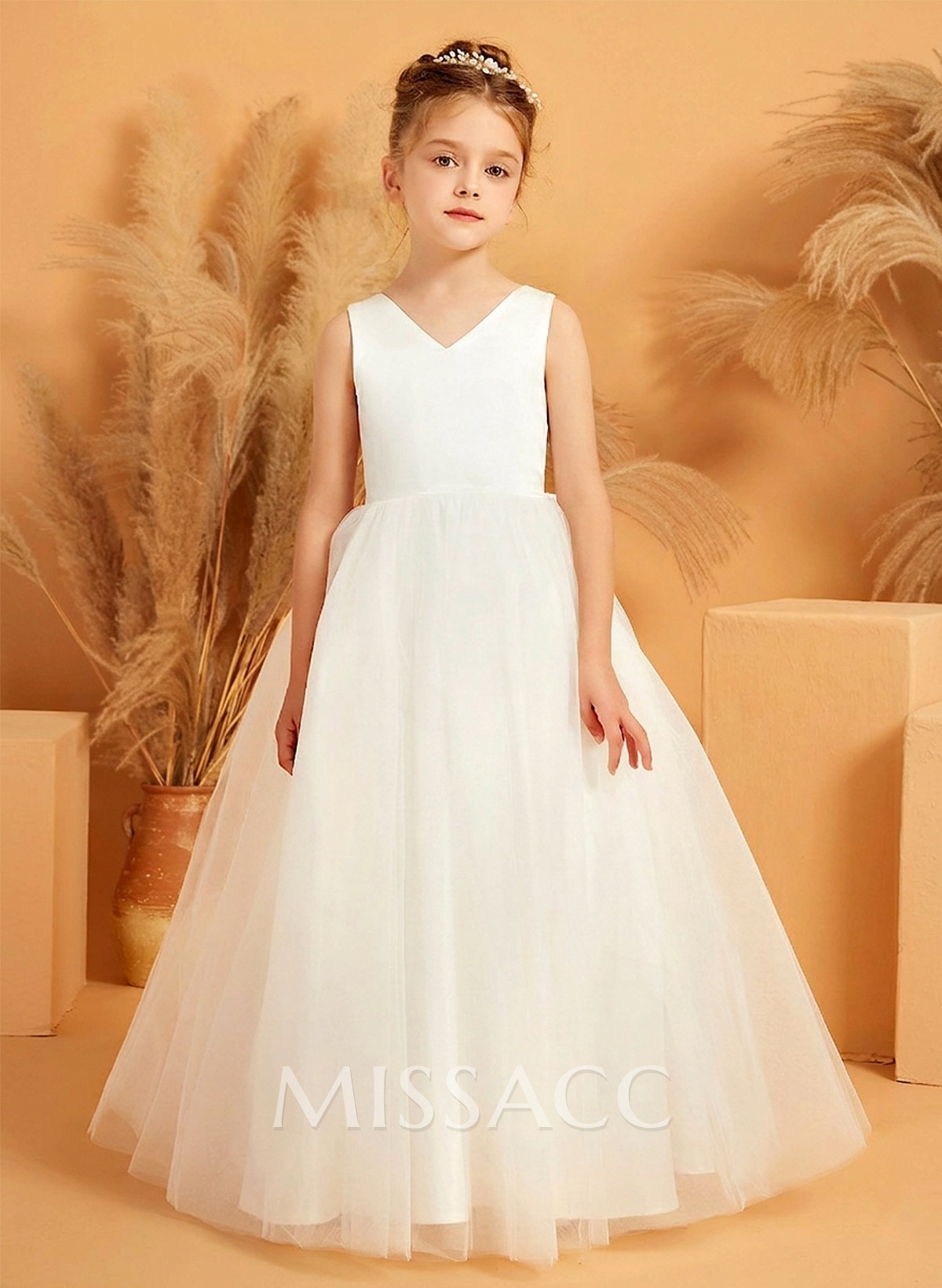 Ball-Gown V-Neck Sleeveless Floor-Length Satin/Tulle Flower Girl Dresses With Bow