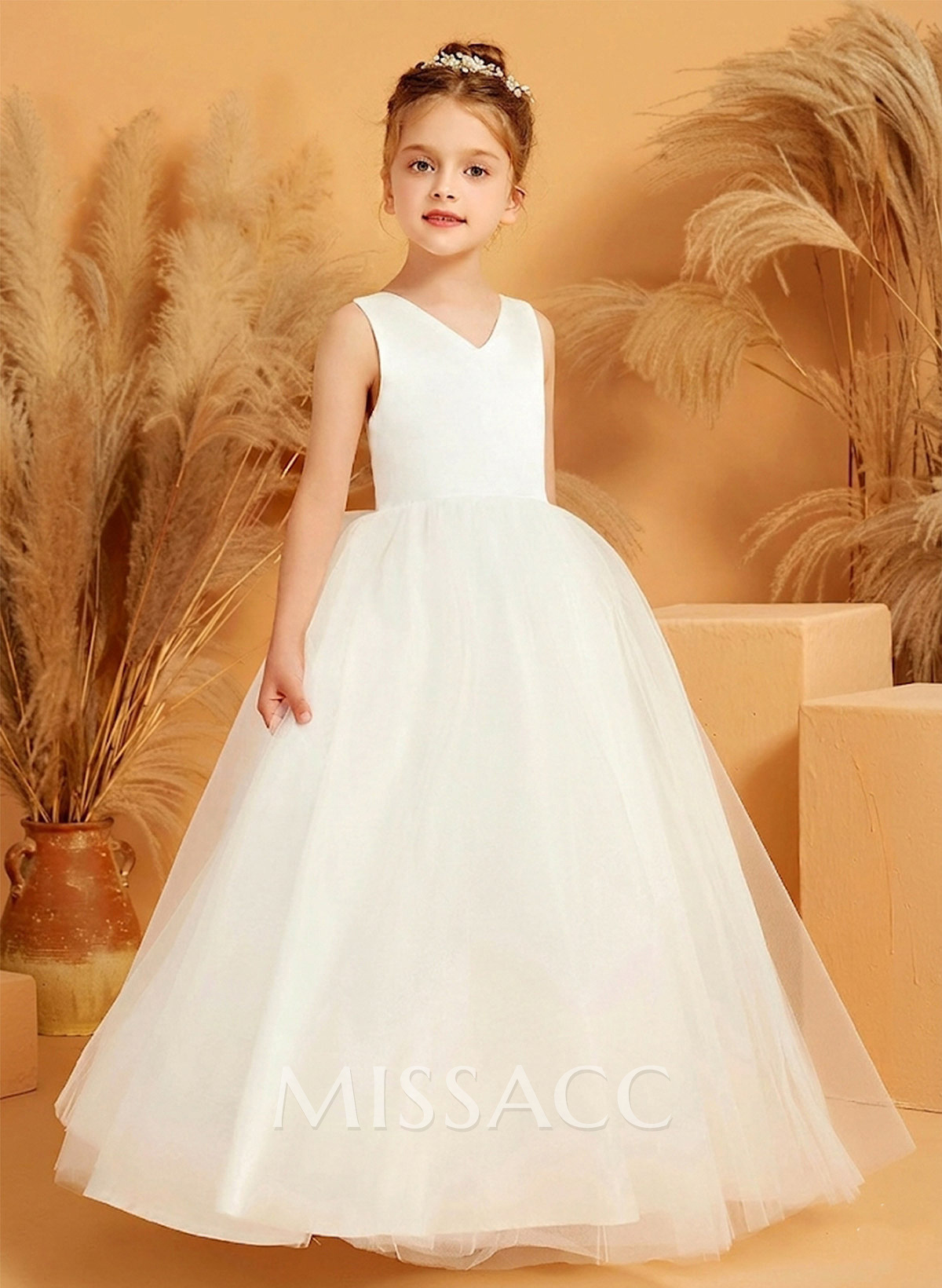 Ball-Gown V-Neck Sleeveless Floor-Length Satin/Tulle Flower Girl Dresses With Bow