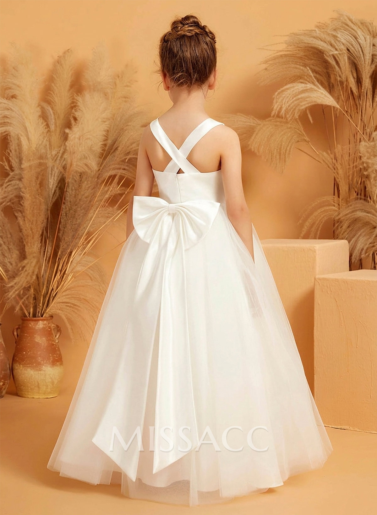 Ball-Gown V-Neck Sleeveless Floor-Length Satin/Tulle Flower Girl Dresses With Bow