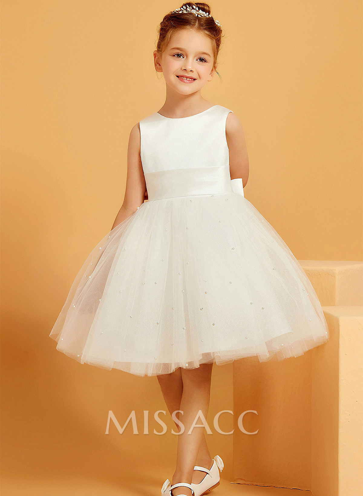 A-Line Scoop Neck Sleeveless Knee-Length Satin/Tulle Flower Girl Dresses With Bow/Beading A-Line Scoop Neck Sleeveless Knee-Length Satin/Tulle Flower Girl Dresses With Bow/Beading