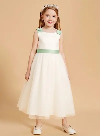 A-Line Scoop Neck Sleeveless Tea-Length Satin and Tulle Flower Girl Dresses with Bow or Flowers