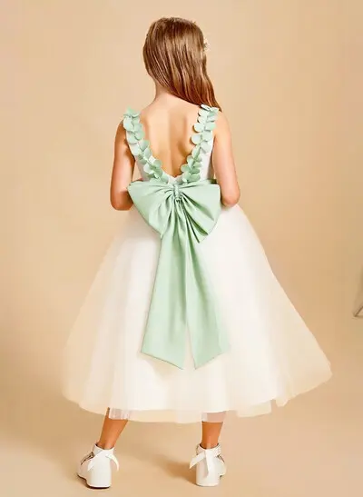 A-Line Scoop Neck Sleeveless Tea-Length Satin and Tulle Flower Girl Dresses with Bow or Flowers