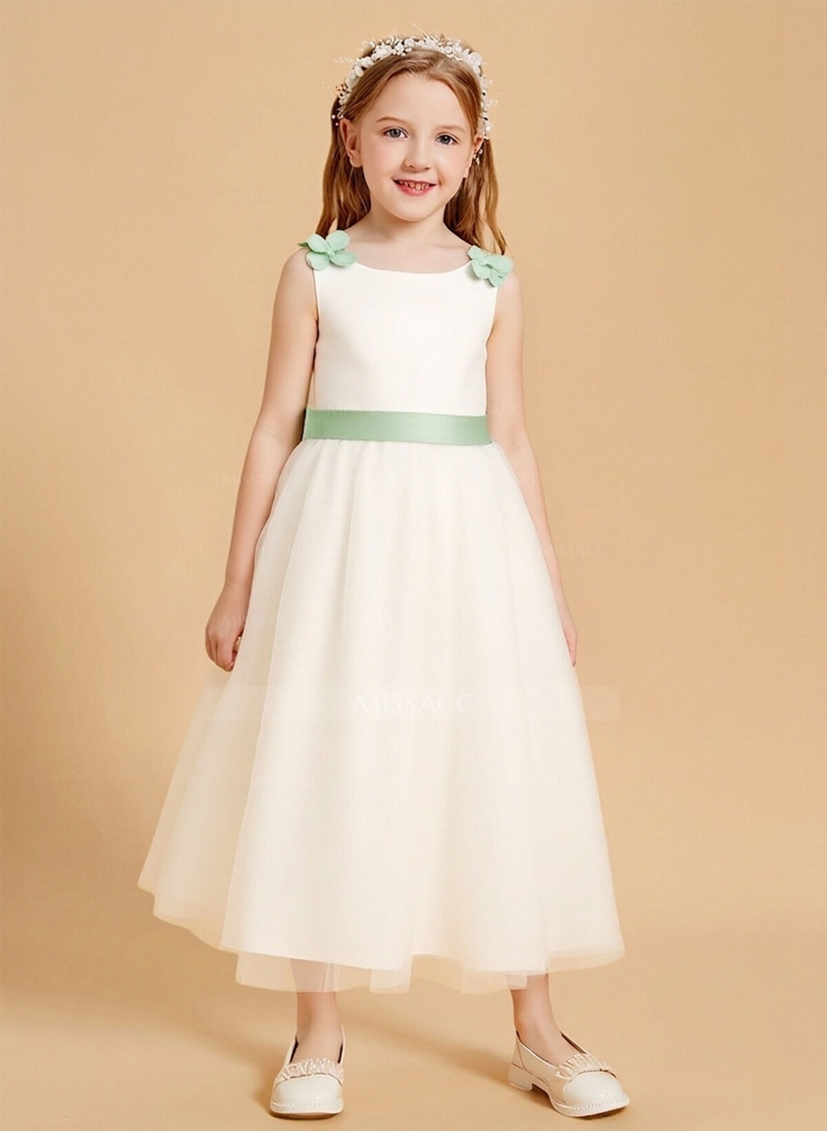 A-Line Scoop Neck Sleeveless Tea-Length Satin/Tulle Flower Girl Dresses With Bow/Flowers