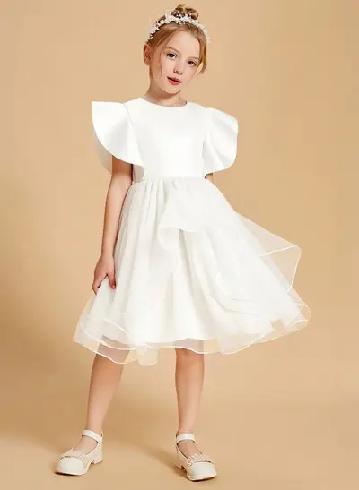 Scoop Neck A-Line Short Sleeve Knee-Length Satin and Tulle Flower Girl Dress with Ruffles