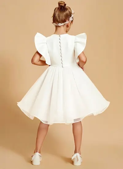 Scoop Neck A-Line Short Sleeve Knee-Length Satin and Tulle Flower Girl Dress with Ruffles