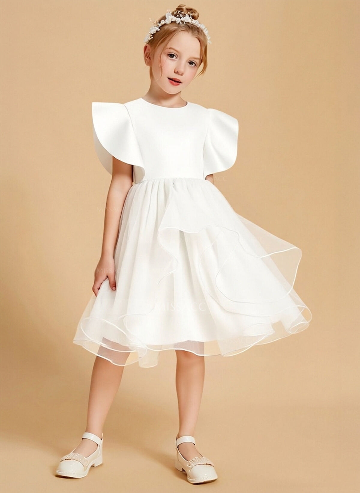 Scoop Neck A-Line Short Sleeves Knee-Length Satin/Tulle Flower Girl Dresses With Ruffle