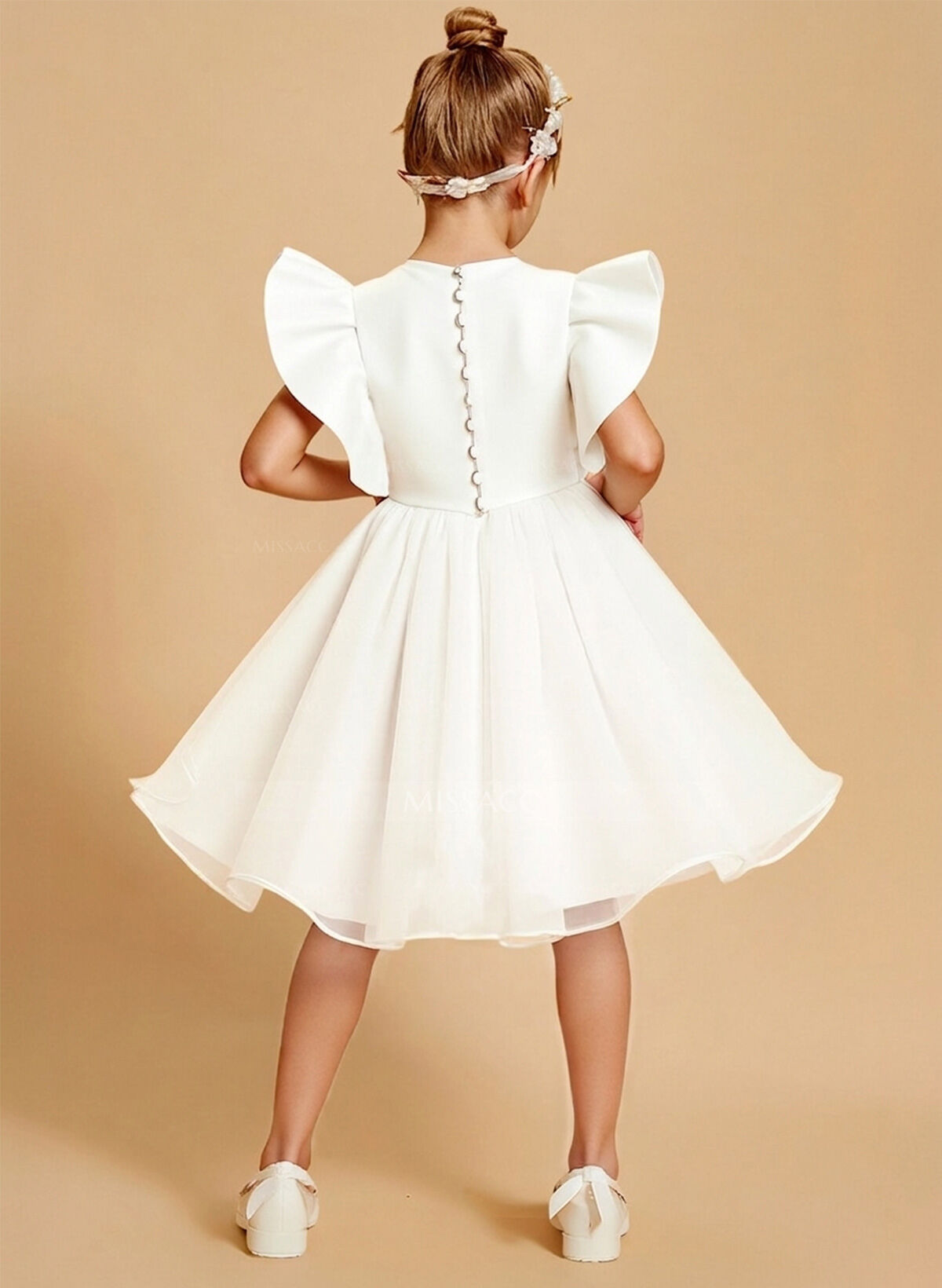 Scoop Neck A-Line Short Sleeves Knee-Length Satin/Tulle Flower Girl Dresses With Ruffle