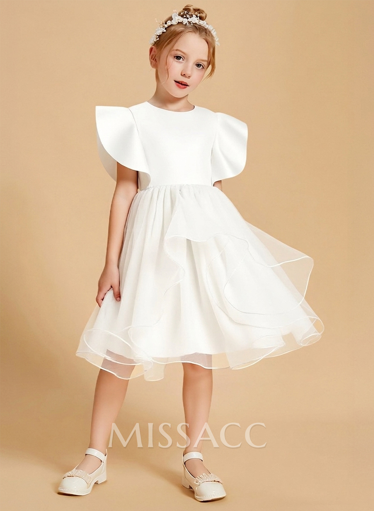 Scoop Neck A-Line Short Sleeves Knee-Length Satin/Tulle Flower Girl Dresses With Ruffle