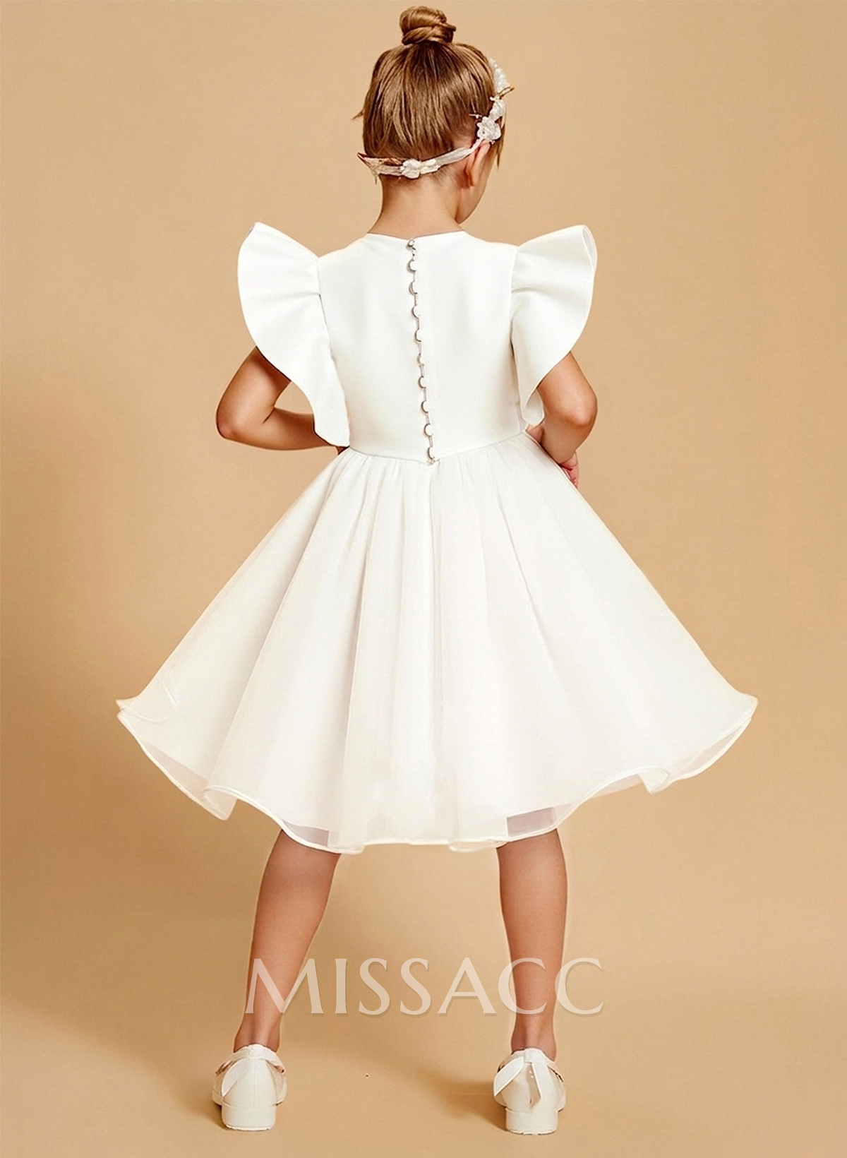 Scoop Neck A-Line Short Sleeves Knee-Length Satin/Tulle Flower Girl Dresses With Ruffle