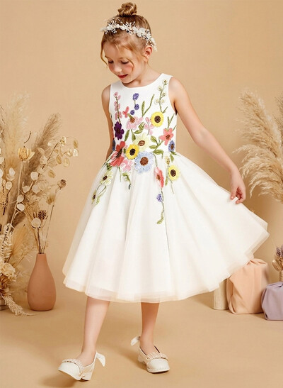 Knee-Length A-Line Scoop Neck Sleeveless Tulle Flower Girl Dresses With Bow/Flower(s)