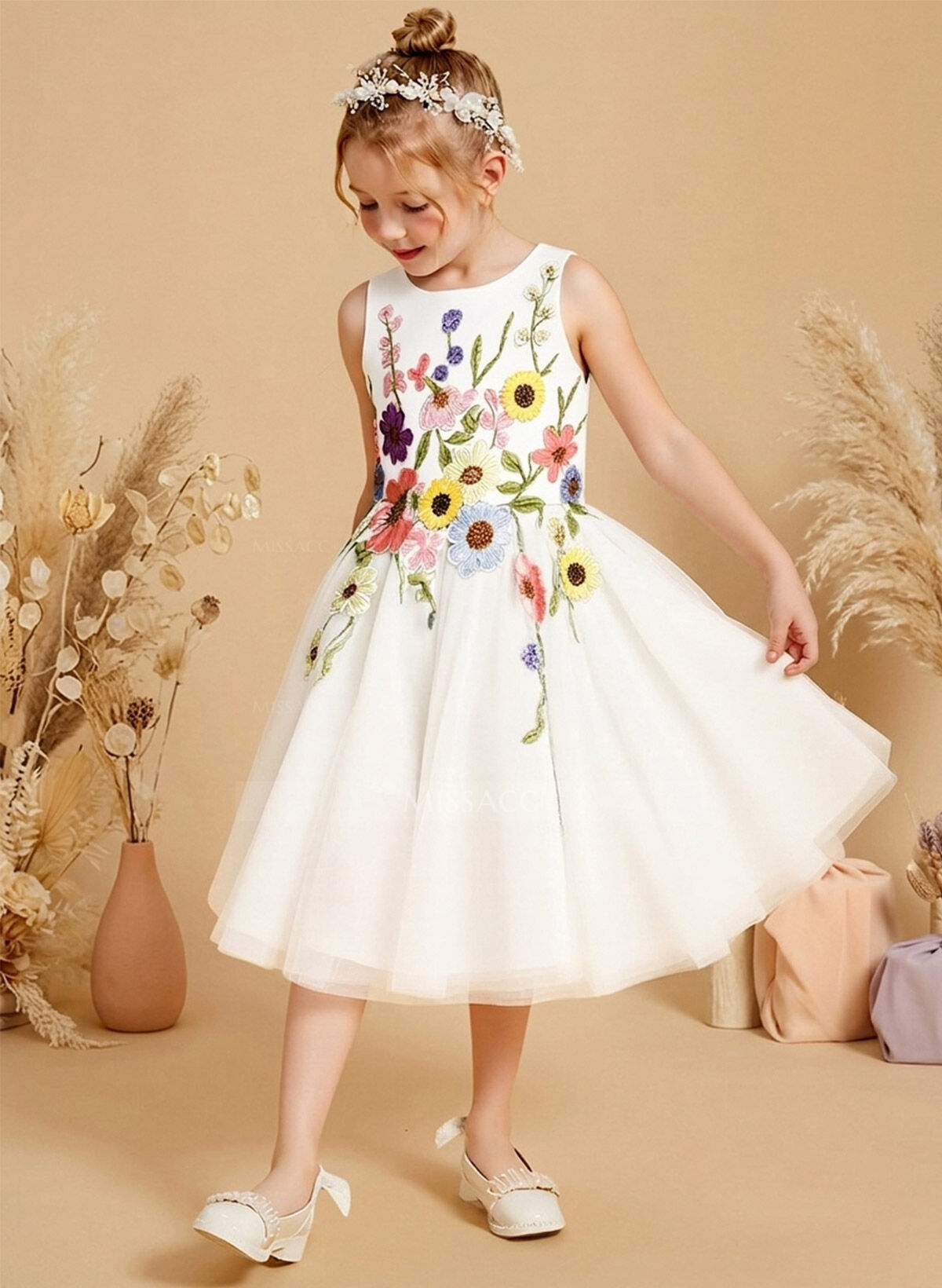 Knee-Length A-Line Scoop Neck Sleeveless Tulle Flower Girl Dresses With Bow/Flower(s)