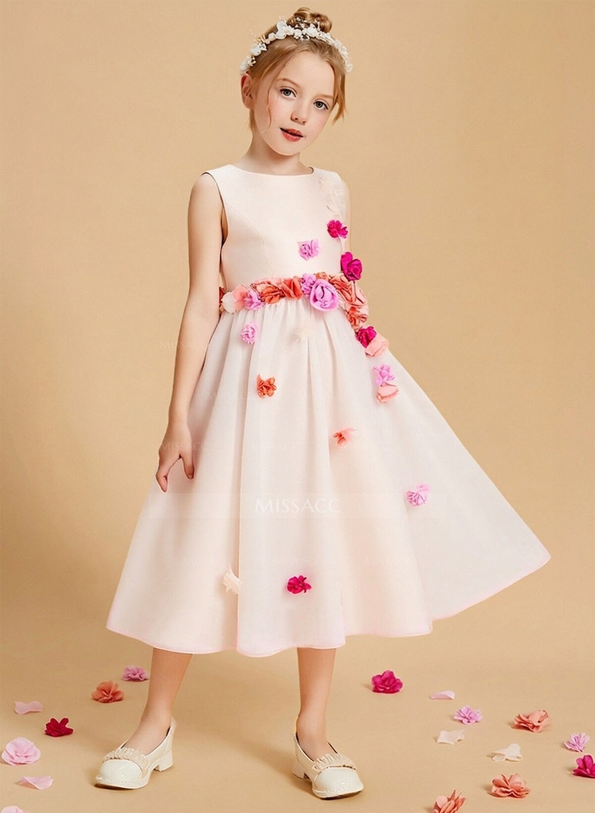 Tea-Length A-Line Scoop Neck Sleeveless Satin/Tulle Flower Girl Dresses With Flower(s)