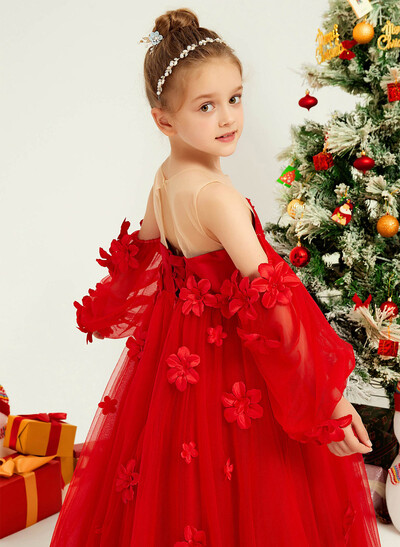 A-Line Illusion Neck 1/2 Sleeves Sweep Train Tulle Flower Girl Dresses With Beading/Appliques Lace/Flower(s)