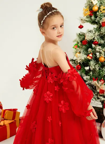 A-Line Illusion Neck Half Sleeve Sweep Train Tulle Flower Girl Dress with Beading, Lace Appliqués & Flowers
