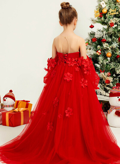A-Line Illusion Neck 1/2 Sleeves Sweep Train Tulle Flower Girl Dresses With Beading/Appliques Lace/Flower(s)