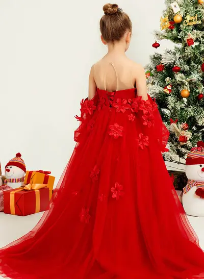 A-Line Illusion Neck Half Sleeve Sweep Train Tulle Flower Girl Dress with Beading, Lace Appliqués & Flowers