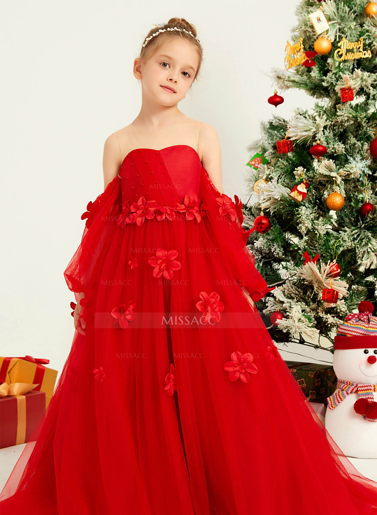 A-Line Illusion Neck 1/2 Sleeves Sweep Train Tulle Flower Girl Dresses With Beading/Appliques Lace/Flower(s)