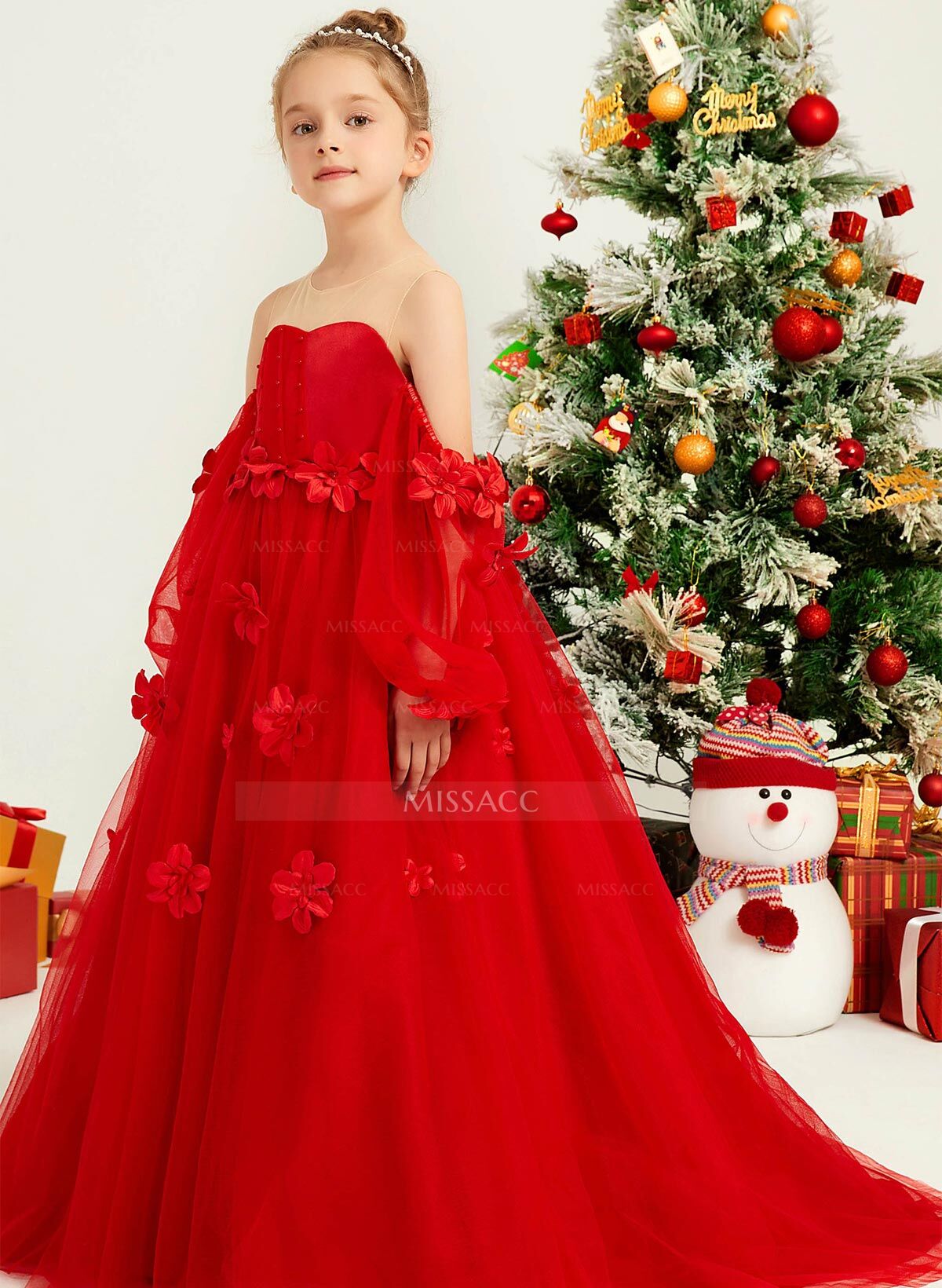 A-Line Illusion Neck 1/2 Sleeves Sweep Train Tulle Flower Girl Dresses With Beading/Appliques Lace/Flower(s)