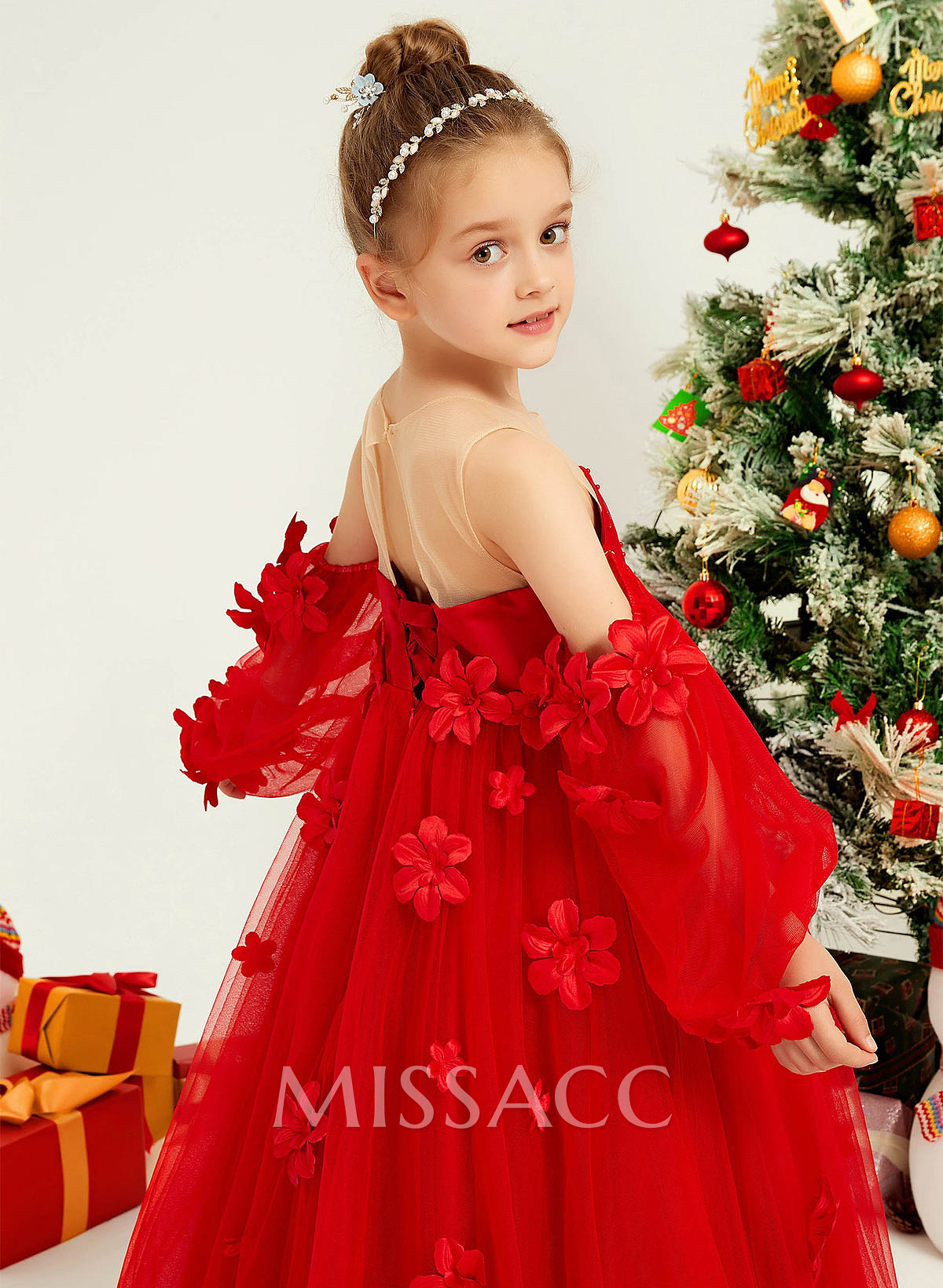 A-Line Illusion Neck 1/2 Sleeves Sweep Train Tulle Flower Girl Dresses With Beading/Appliques Lace/Flower(s)