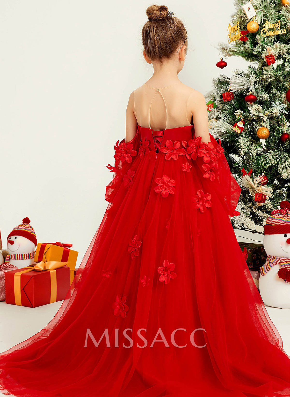 A-Line Illusion Neck 1/2 Sleeves Sweep Train Tulle Flower Girl Dresses With Beading/Appliques Lace/Flower(s)