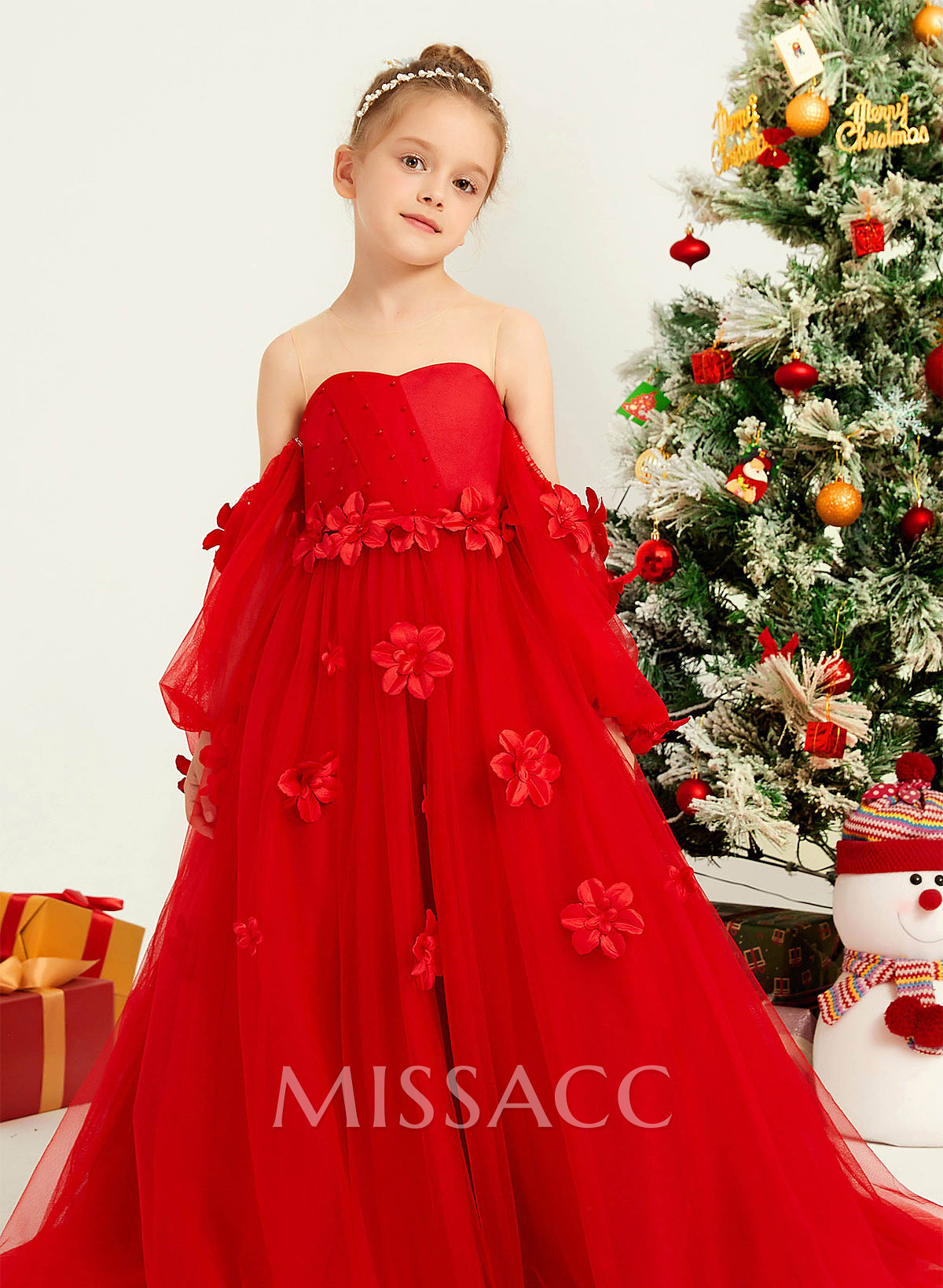 A-Line Illusion Neck 1/2 Sleeves Sweep Train Tulle Flower Girl Dresses With Beading/Appliques Lace/Flower(s)