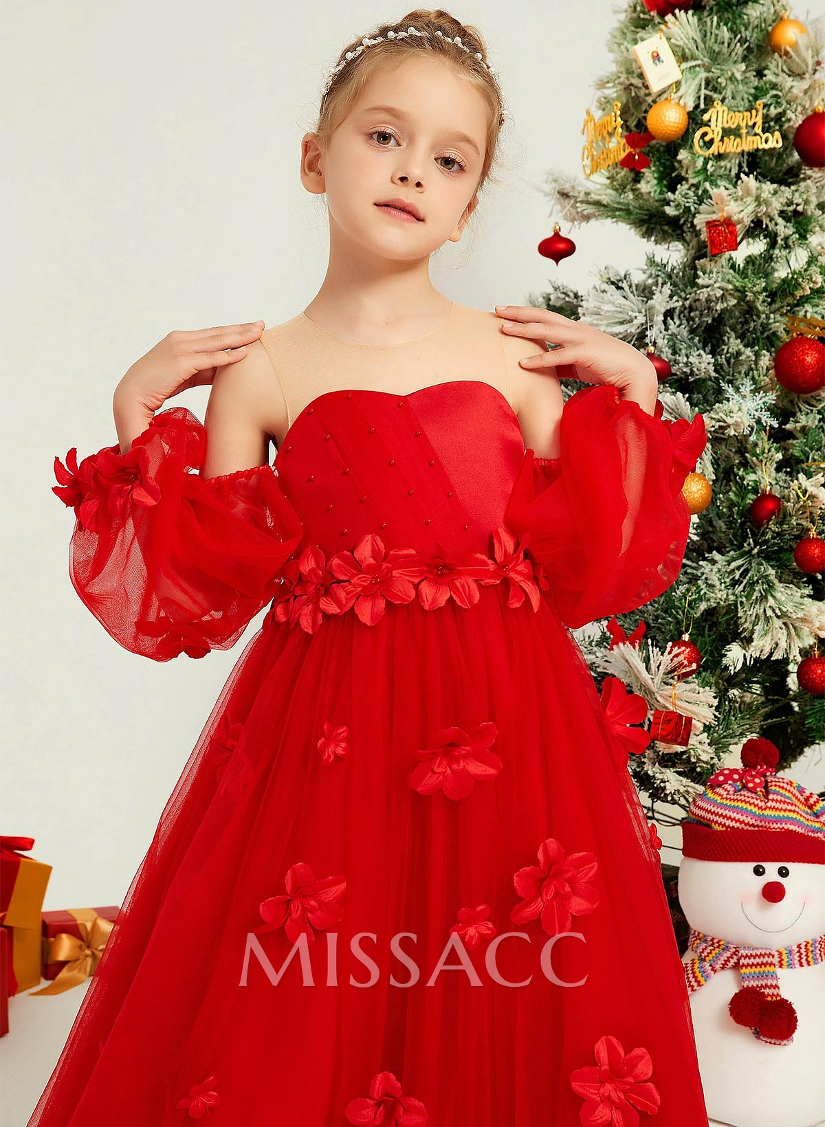 A-Line Illusion Neck 1/2 Sleeves Sweep Train Tulle Flower Girl Dresses With Beading/Appliques Lace/Flower(s)