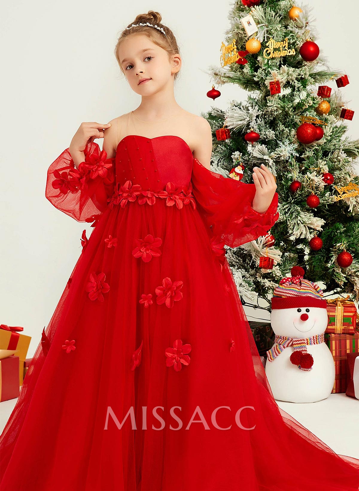 A-Line Illusion Neck 1/2 Sleeves Sweep Train Tulle Flower Girl Dresses With Beading/Appliques Lace/Flower(s)