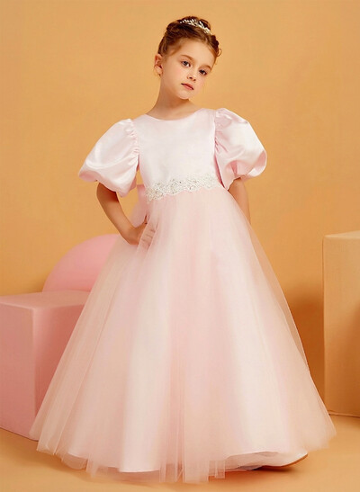 Ball-Gown Scoop Neck Short Sleeves Floor-Length Satin/Tulle Flower Girl Dresses With Bow/Rhinestone/Sash
