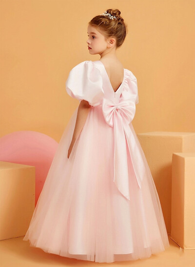 Ball-Gown Scoop Neck Short Sleeves Floor-Length Satin/Tulle Flower Girl Dresses With Bow/Rhinestone/Sash