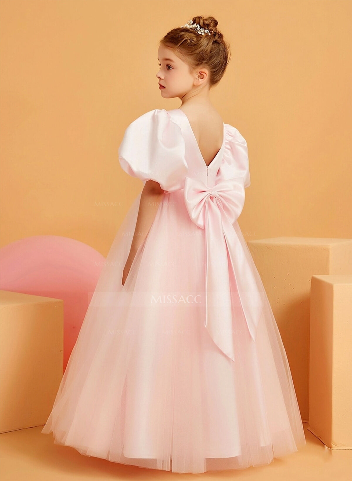 Ball-Gown Scoop Neck Short Sleeves Floor-Length Satin/Tulle Flower Girl Dresses With Bow/Rhinestone/Sash