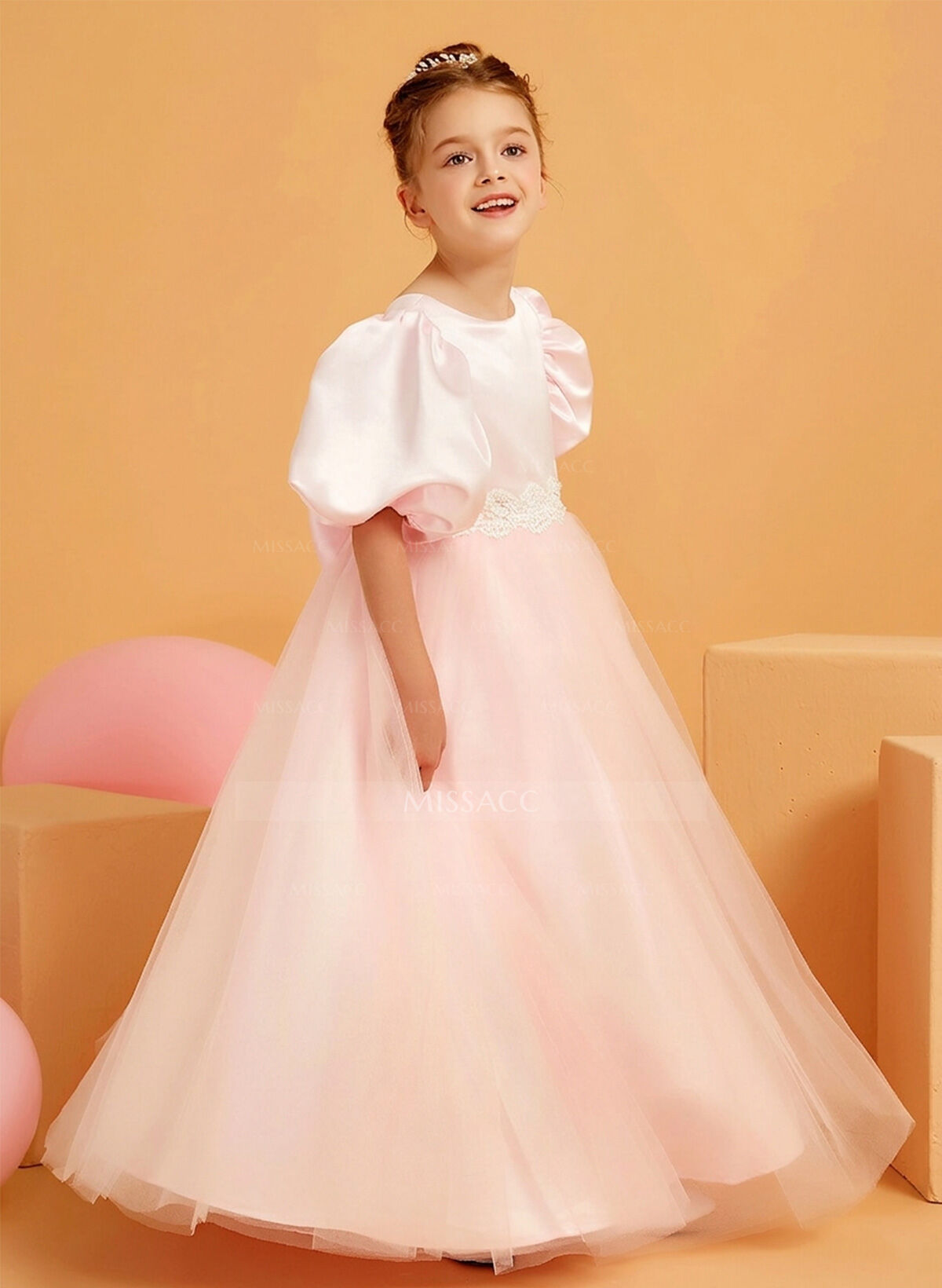 Ball-Gown Scoop Neck Short Sleeves Floor-Length Satin/Tulle Flower Girl Dresses With Bow/Rhinestone/Sash