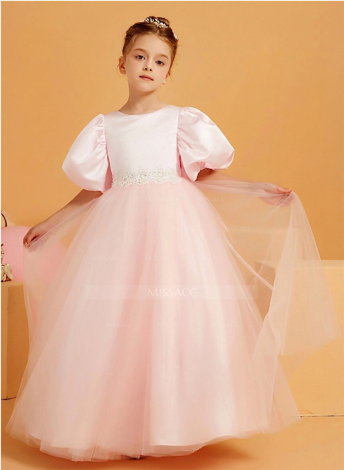 Ball-Gown Scoop Neck Short Sleeves Floor-Length Satin/Tulle Flower Girl Dresses With Bow/Rhinestone/Sash