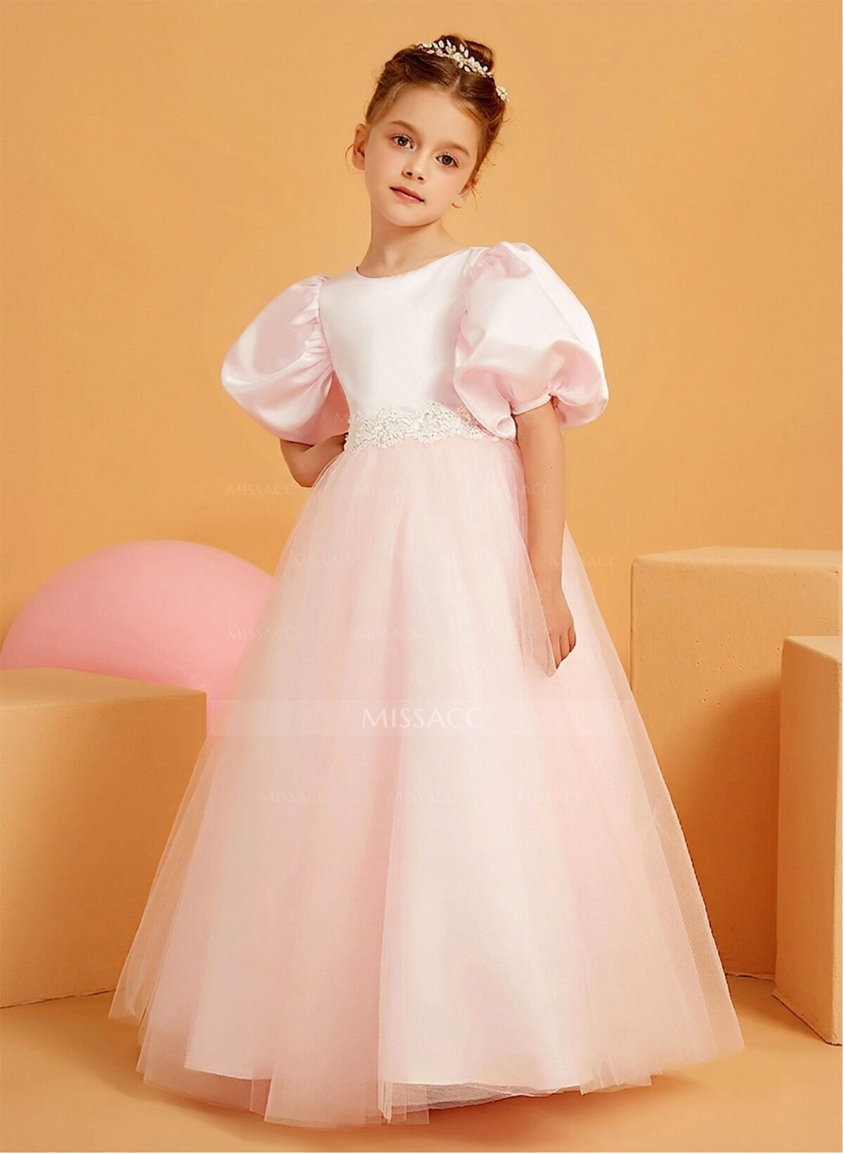 Ball-Gown Scoop Neck Short Sleeves Floor-Length Satin/Tulle Flower Girl Dresses With Bow/Rhinestone/Sash