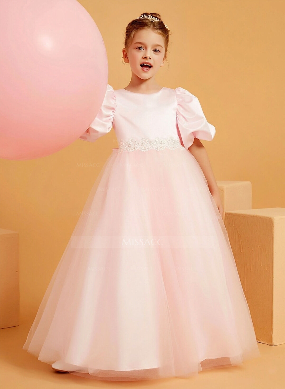 Ball-Gown Scoop Neck Short Sleeves Floor-Length Satin/Tulle Flower Girl Dresses With Bow/Rhinestone/Sash