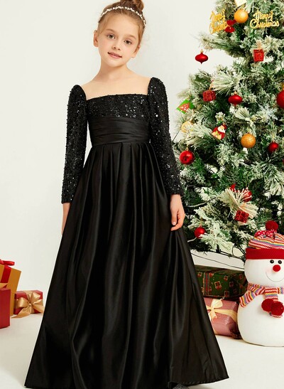 A-Line Square Neckline Long Sleeves Floor-Length Satin Flower Girl Dresses With Sequins/Pleated