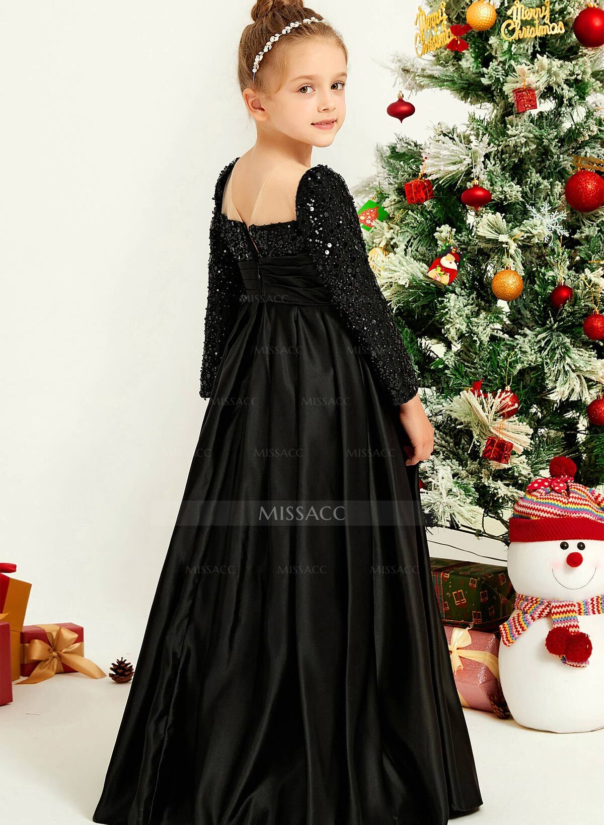 A-Line Square Neckline Long Sleeves Floor-Length Satin Flower Girl Dresses With Sequins/Pleated