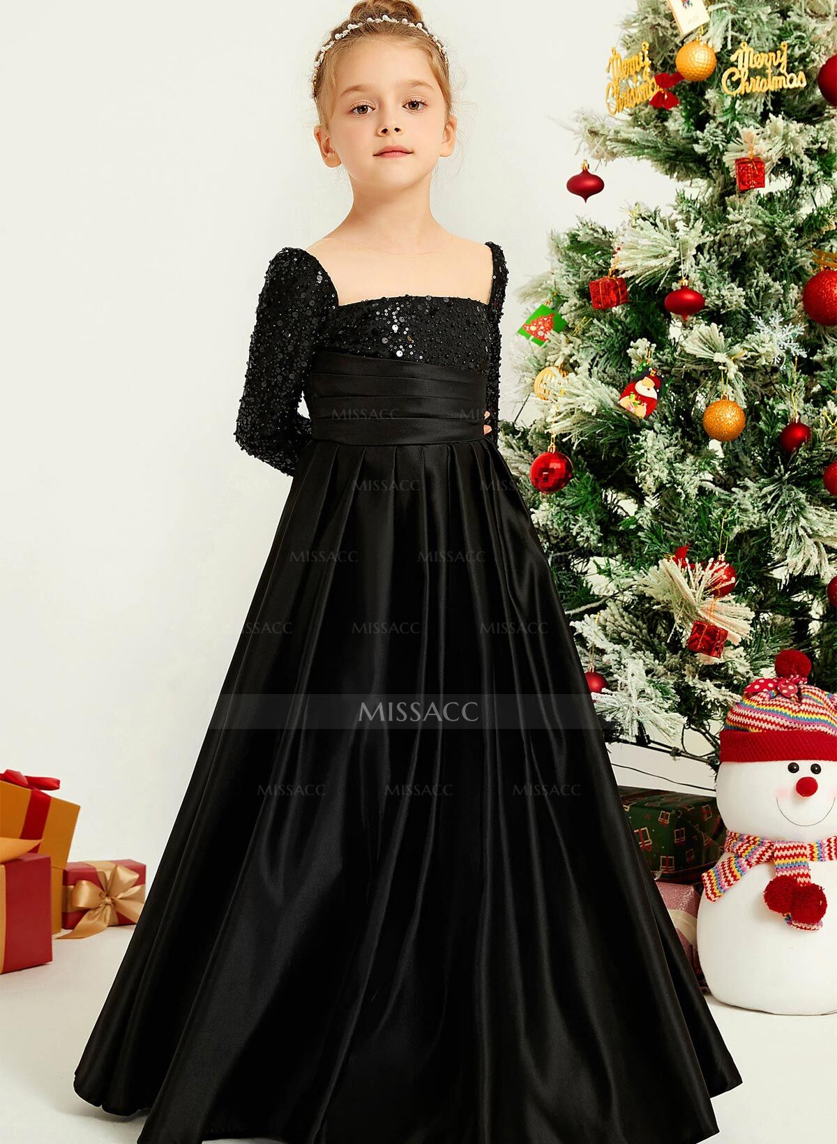 A-Line Square Neckline Long Sleeves Floor-Length Satin Flower Girl Dresses With Sequins/Pleated