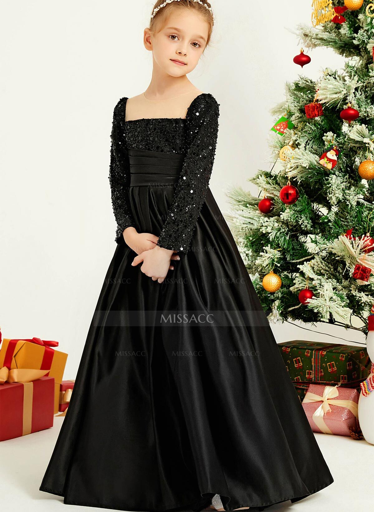 A-Line Square Neckline Long Sleeves Floor-Length Satin Flower Girl Dresses With Sequins/Pleated