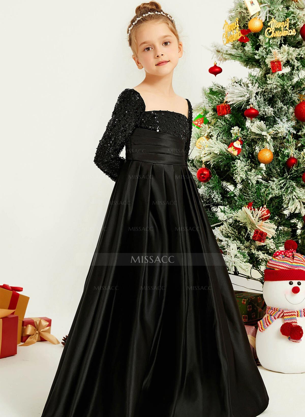 A-Line Square Neckline Long Sleeves Floor-Length Satin Flower Girl Dresses With Sequins/Pleated