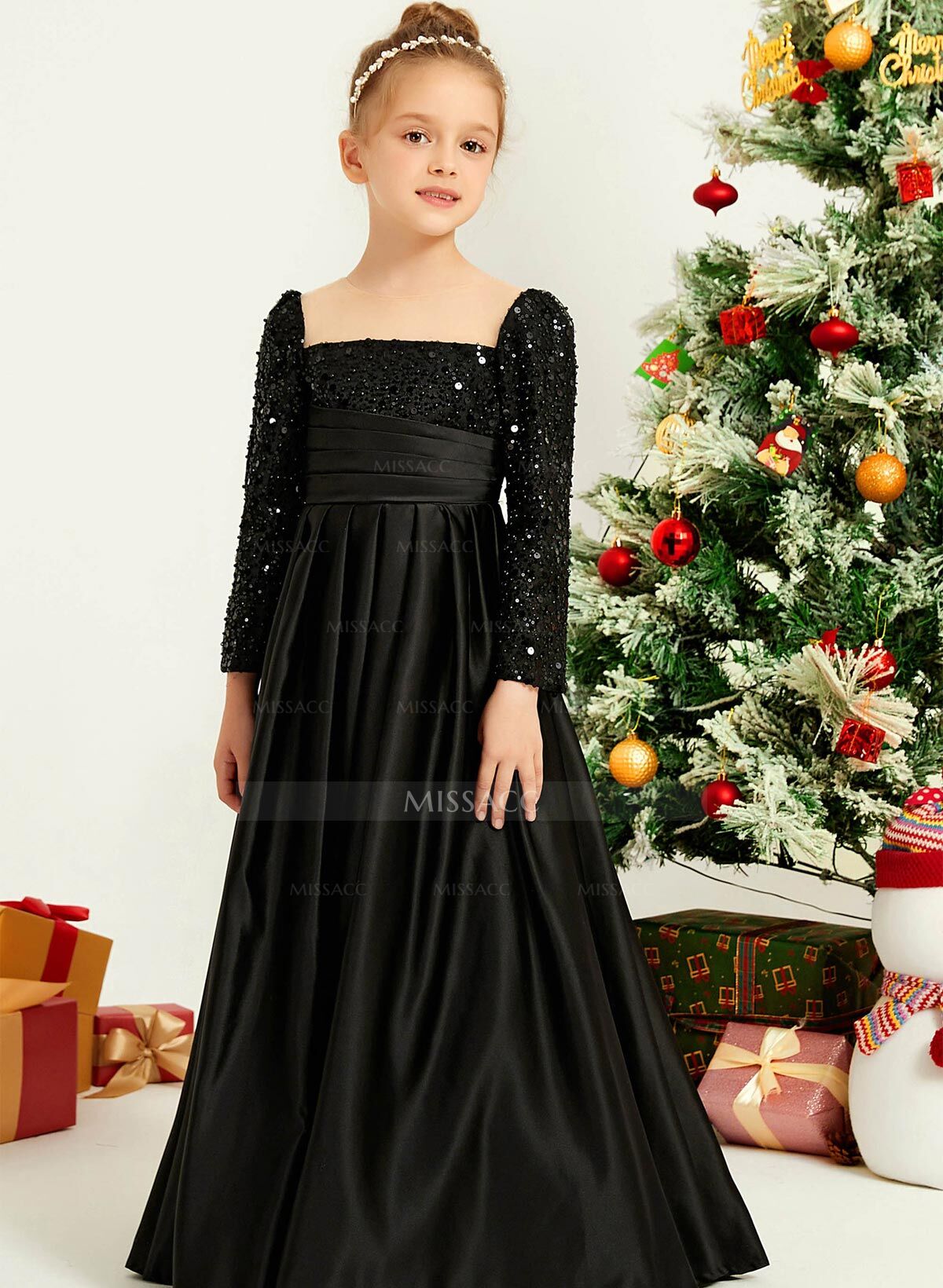 A-Line Square Neckline Long Sleeves Floor-Length Satin Flower Girl Dresses With Sequins/Pleated