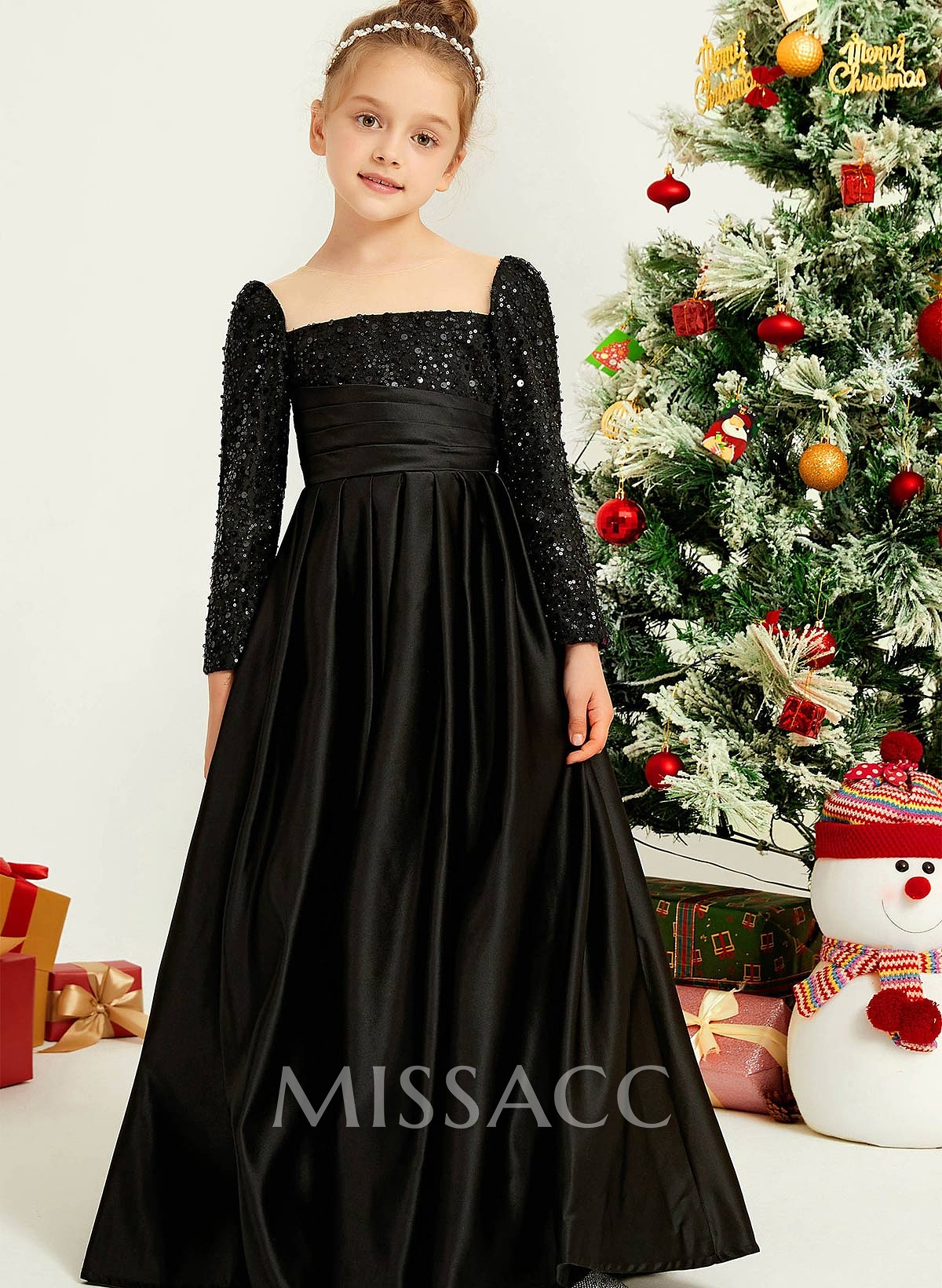 A-Line Square Neckline Long Sleeves Floor-Length Satin Flower Girl Dresses With Sequins/Pleated